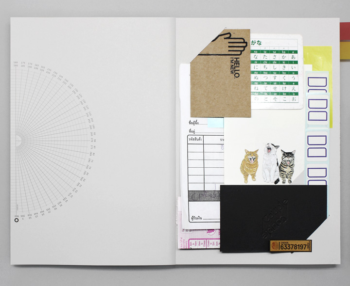 The end spread is made up of flexible slots – to hold receipts, cards or a note – on one page and a printed protractor on the other.