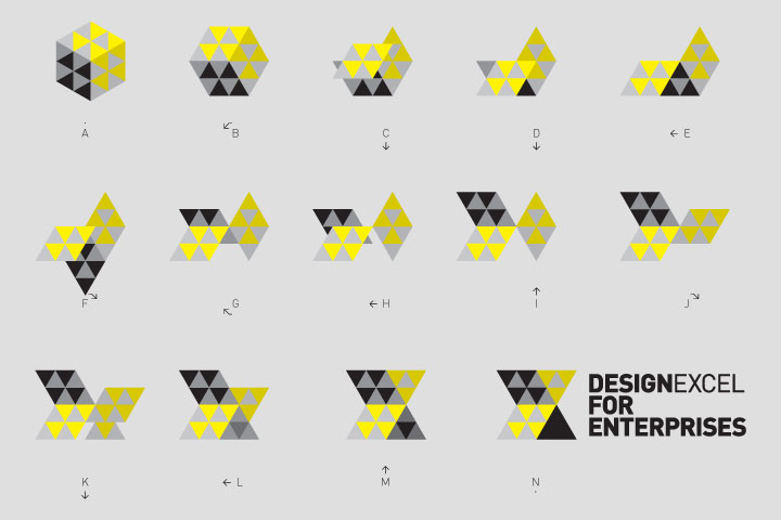 The faces of the cube are rotated, sheared, flipped or repositioned within the specified grid to create an icon for one of DFE's scheme's – Design Excel.