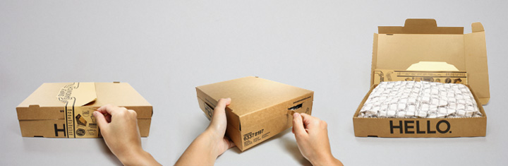 The box transforms into a tray once the lid is zip-ripped.