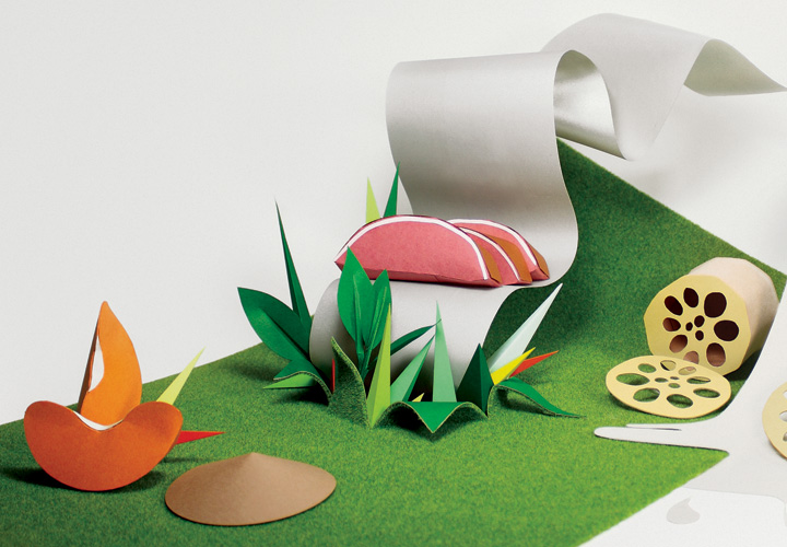 A paper crafted scene for the Tea Smoked Duck Burger.