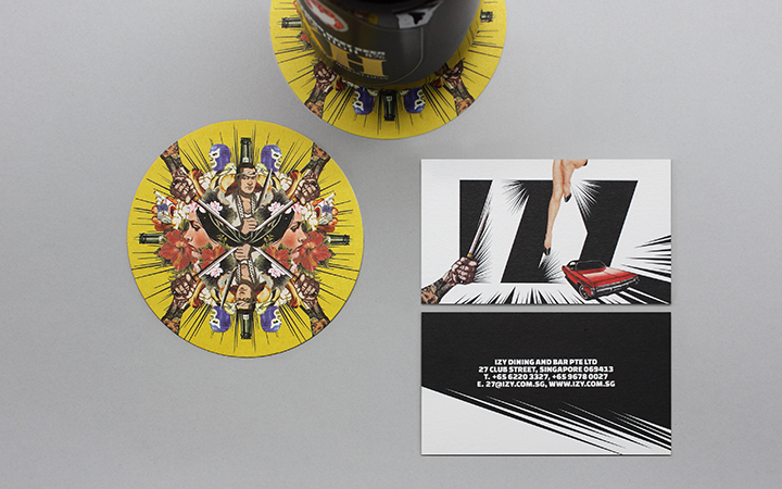 Coasters were designed with a kaleidoscopic symmetry of Japanese and American pop icons. Restaurant card with a hanging, bare-bottom lady (right). All illustrations are an extract of the 14m mural by Benjamin Qwek, commissioned for the space.